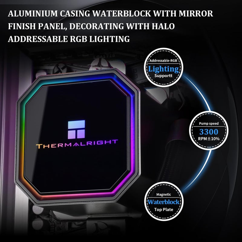 Thermalright مبرد مياه متكامل فريزن بريزم 360 أسود، مبرد سائل لوحدة المعالجة المركزية، نظام تبريد مائي بمراوح 3×120 مم PWM، سرعة عالية 1850 دورة في الدقيقة، متوافق مع AMD/AM4/AM5 وIntel LGA1151/1200/2066/1700 - Image 4